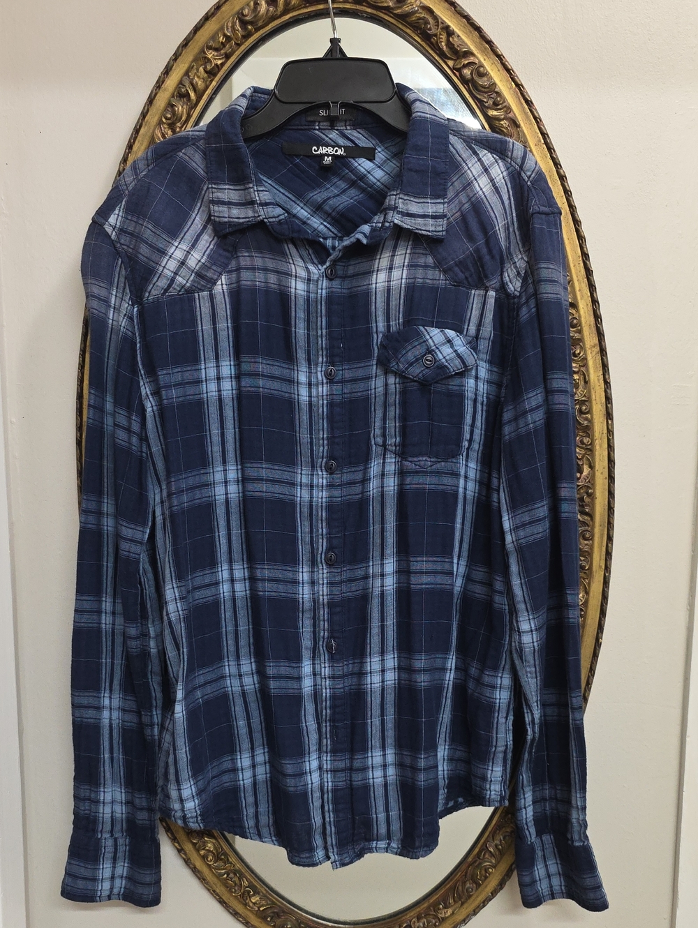 Carbon Blue Plaid Long-Sleeve Button Down Shirt Mens Slim Fit Size Medium